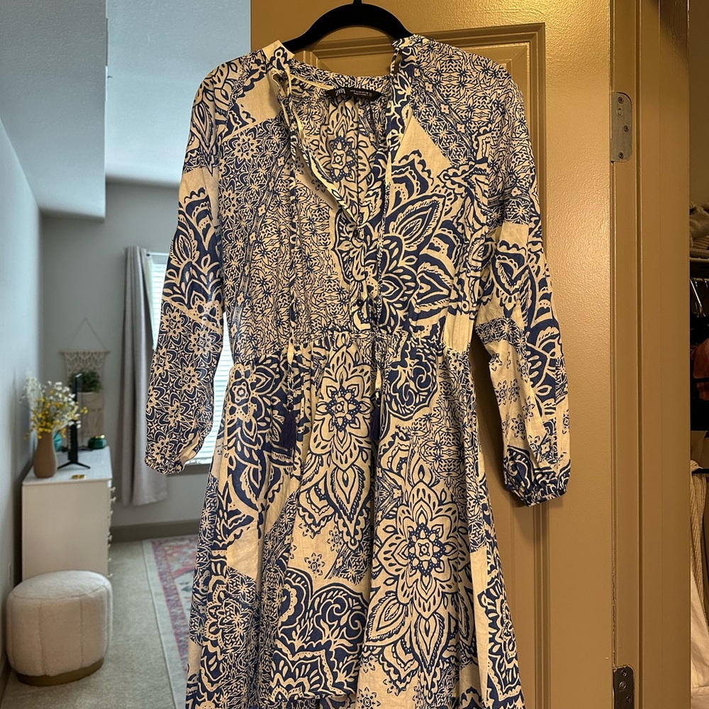 Zara Blue and Cream Patterned Long Sleeve Dress